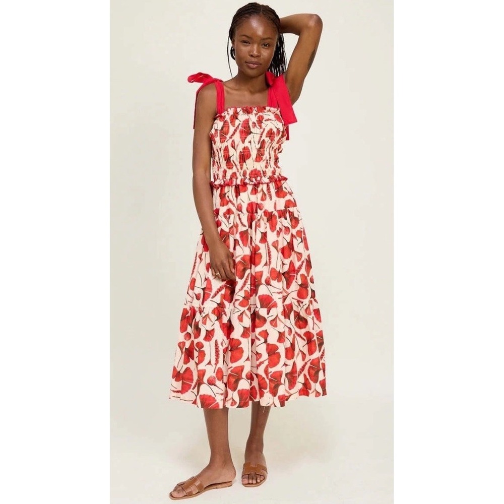 En Saison Dress Midi Tiered Smocked Cream Red Floral Leaf Cottage Size M